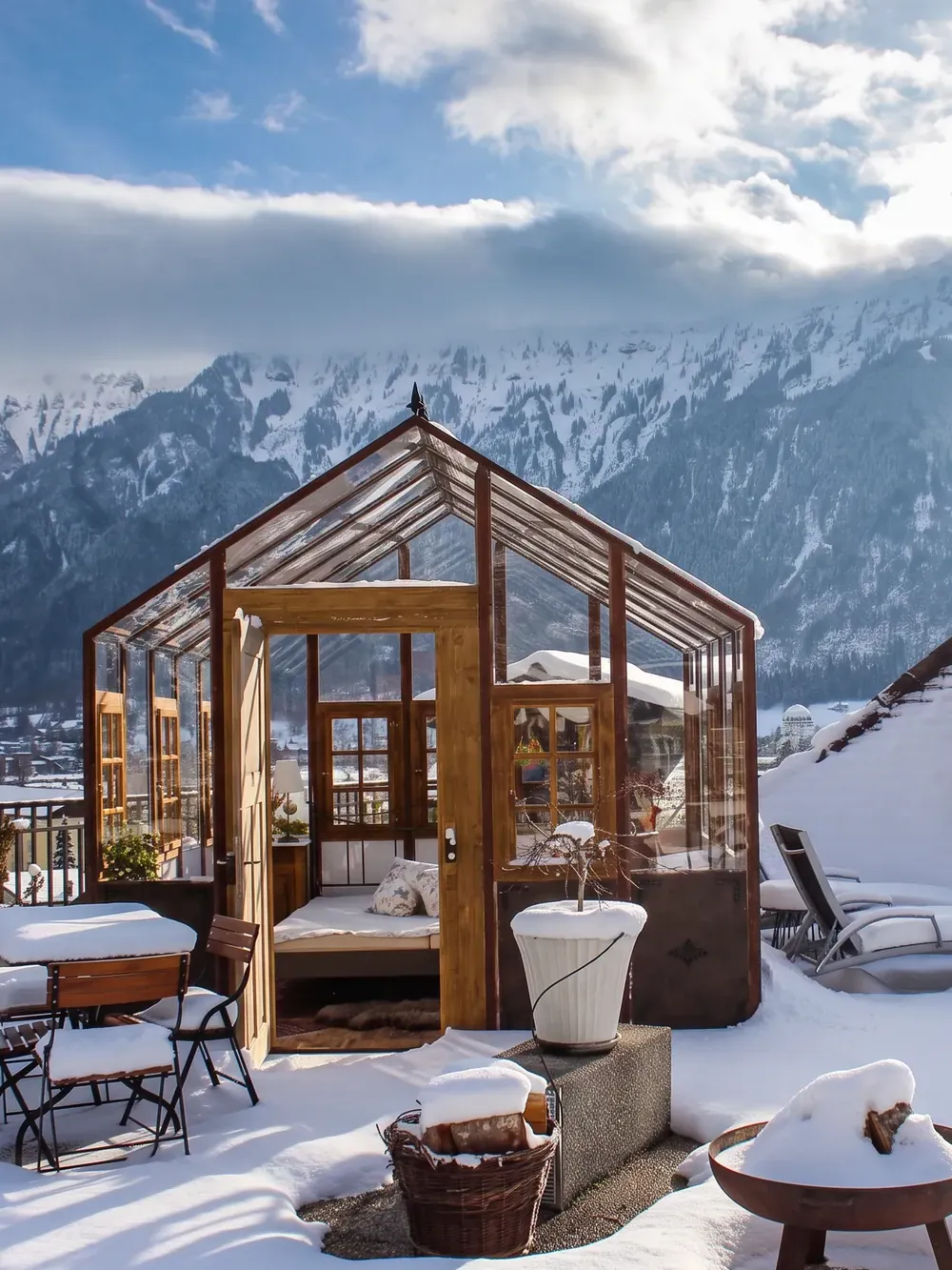Der Glaspavillon auf der verschneiten Dachterrasse, dahinter die Berge