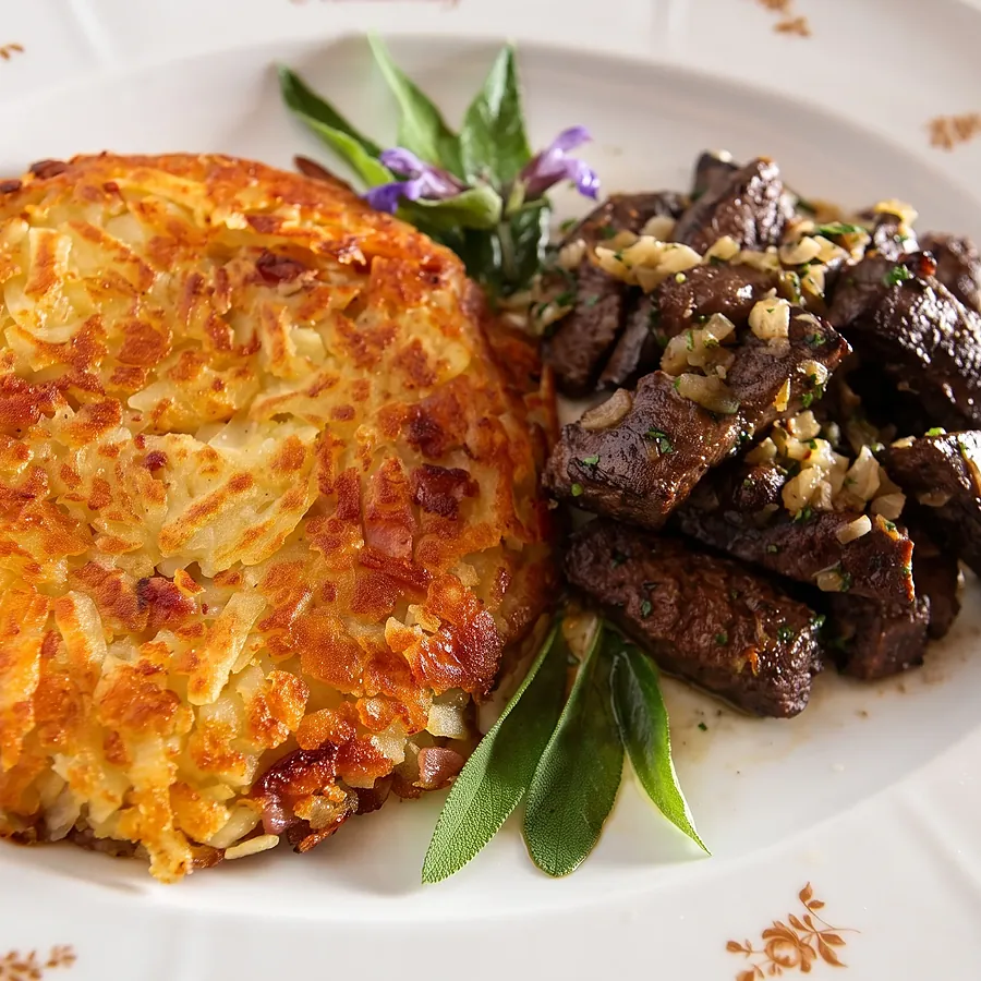 Rösti mit Fleisch und Kräutern auf einem Teller mit Blumenrand