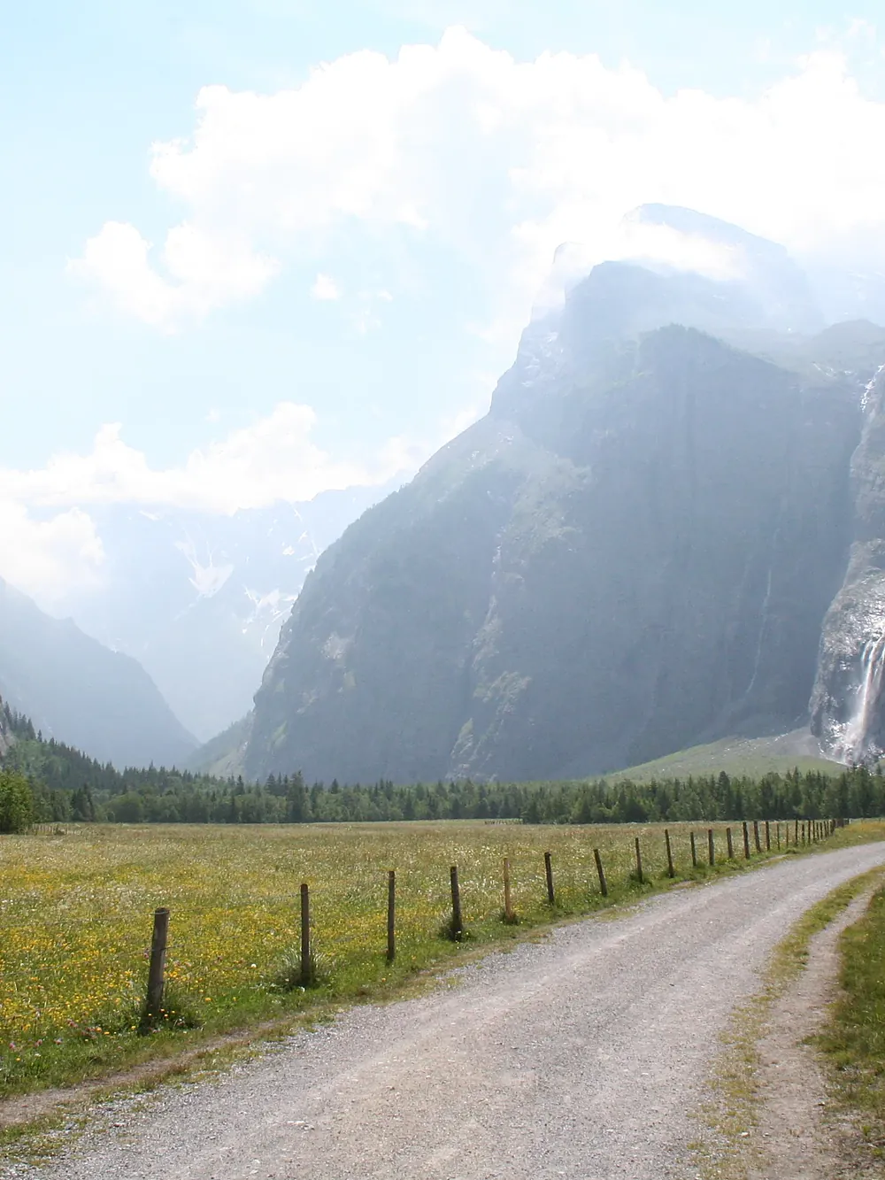 Die Naturstrasse im Talboden des Gasterntals, Zaun und Wiese, hinten die Felswände