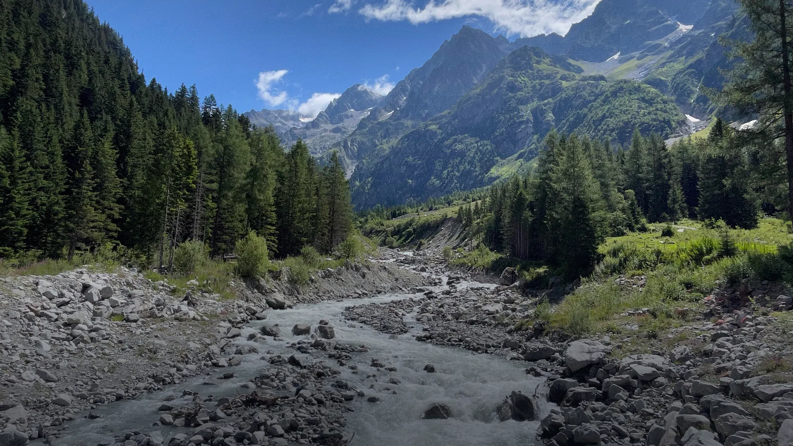 Die Kander im Gasterntal zwischen Geröll und Wald, dahinter die Felswände